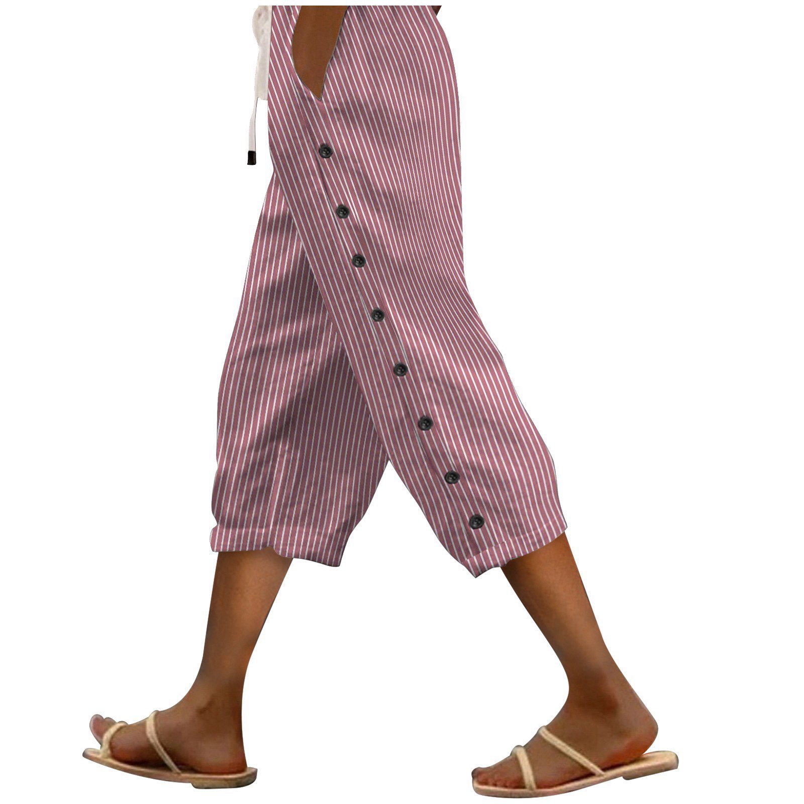 Women's Striped Side Button Wide Leg Capri Pants Elastic Waist