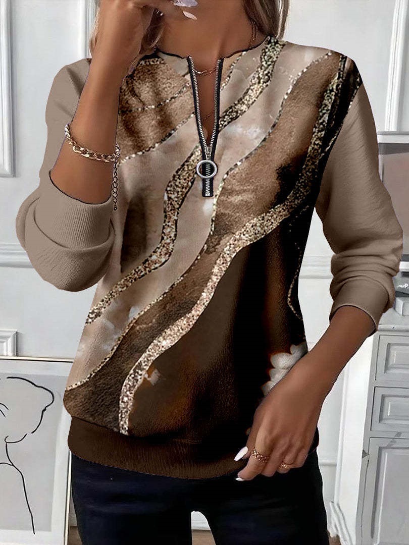 Women's Boho Print Long Sleeve Zip-Up Sweatshirt Casual Top