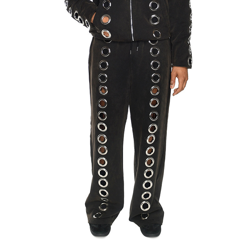 Unisex Loose Zip-Up Hoodie with Metal Ring Cutout and Eyelet Design
