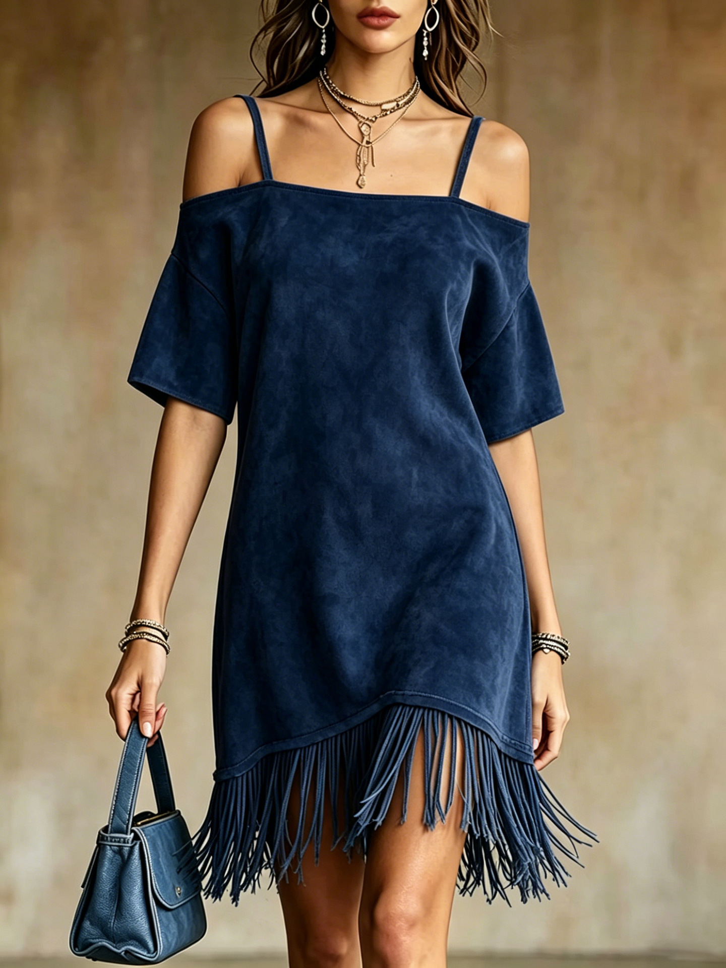 Suede Off-Shoulder Cami Dress with Fringe Hem Western Midi