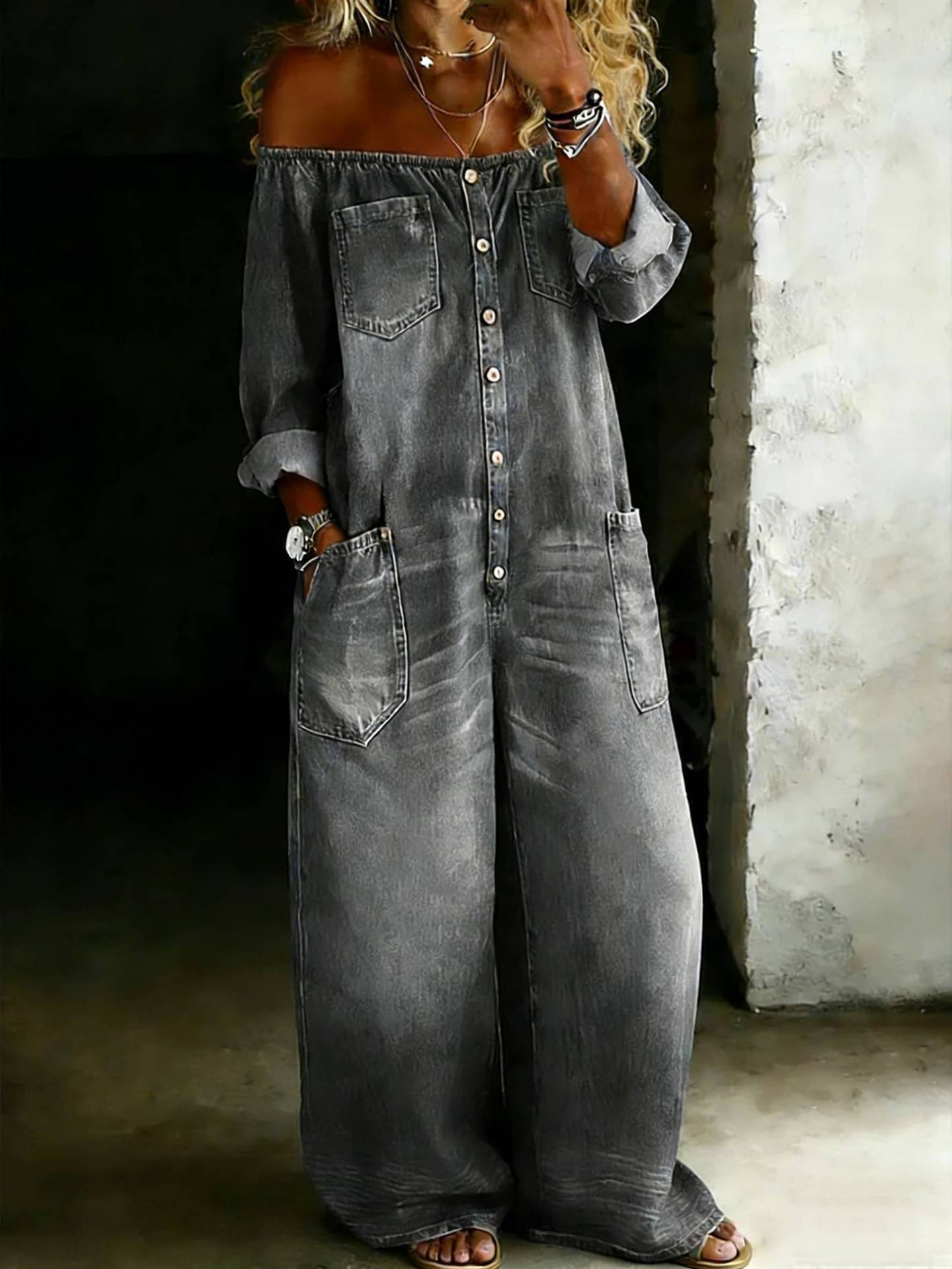 Women's Off-Shoulder Faux Denim Jumpsuit Single-Breasted
