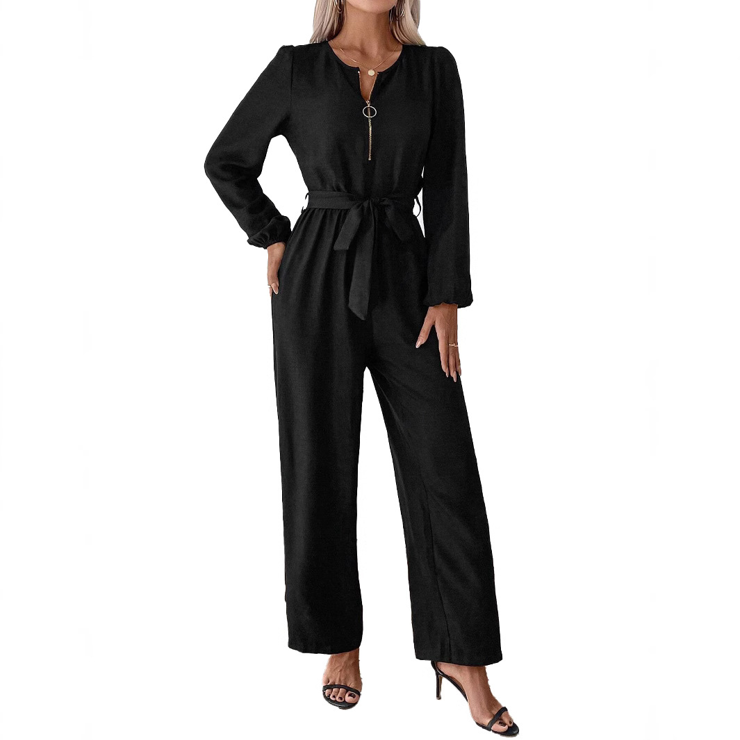 Women's Long Sleeve Belted Jumpsuit with Zip Round Neck and Straight Leg Pants