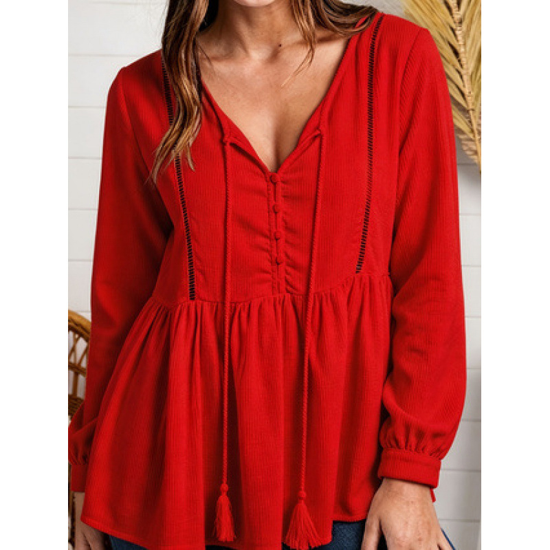 Women's V-Neck Lace Trim Long Sleeve Sweatshirt