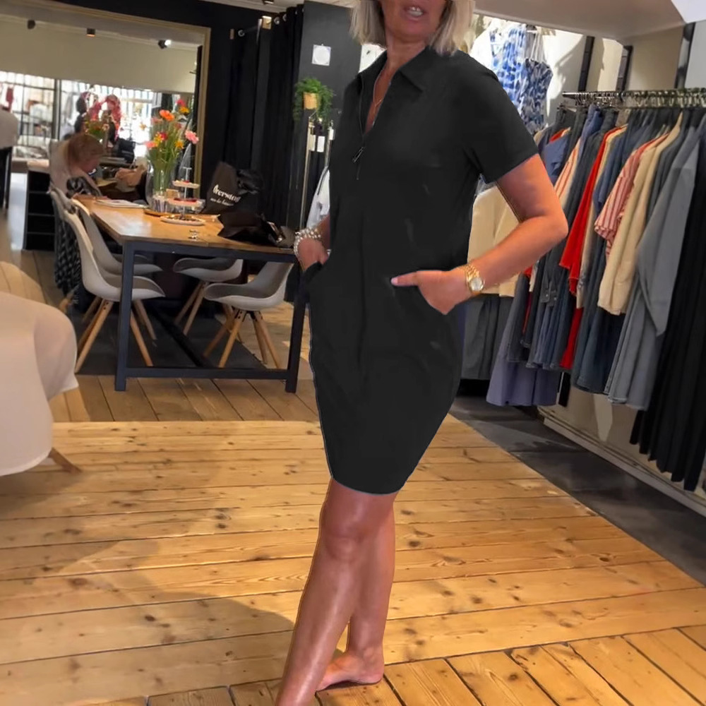 Women's Casual Short Sleeve Zip Front Solid Color Midi Dress with Collar