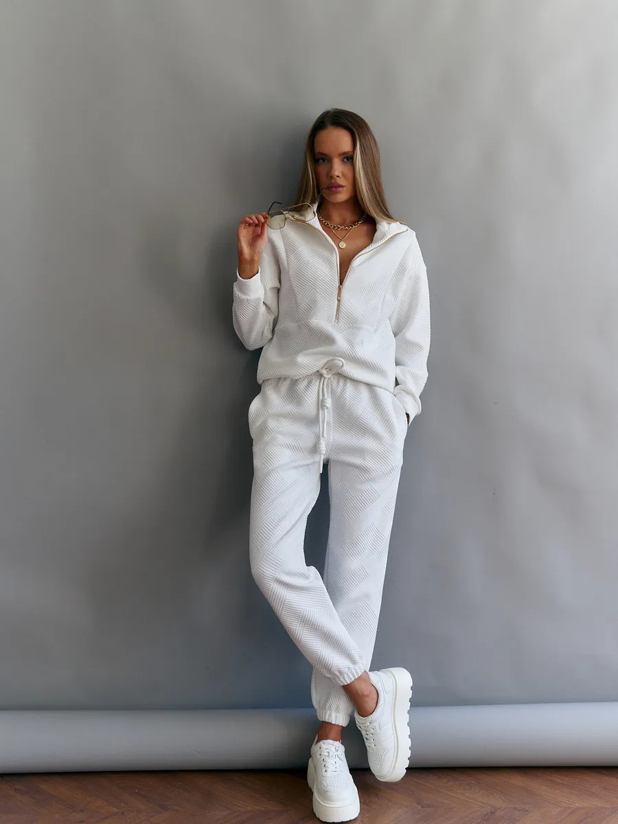 Women's Solid Color Long Sleeve Zip Loose Top and Tie-Waist Pants Two-Piece Set