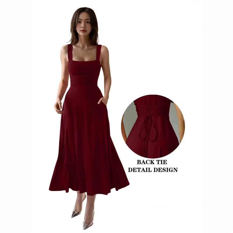 Women's Wide Strap Square Neck A-Line Midi Dress with Adjustable Waist