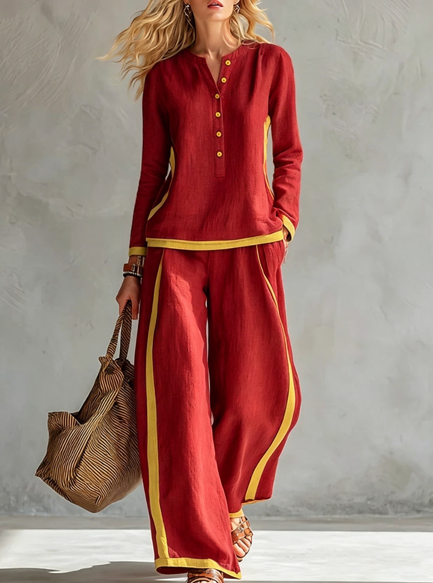 Women's Color-Block Cotton-Linen Two-Piece Set Button-Front Stand Collar Long Sleeve Top & Side-Striped