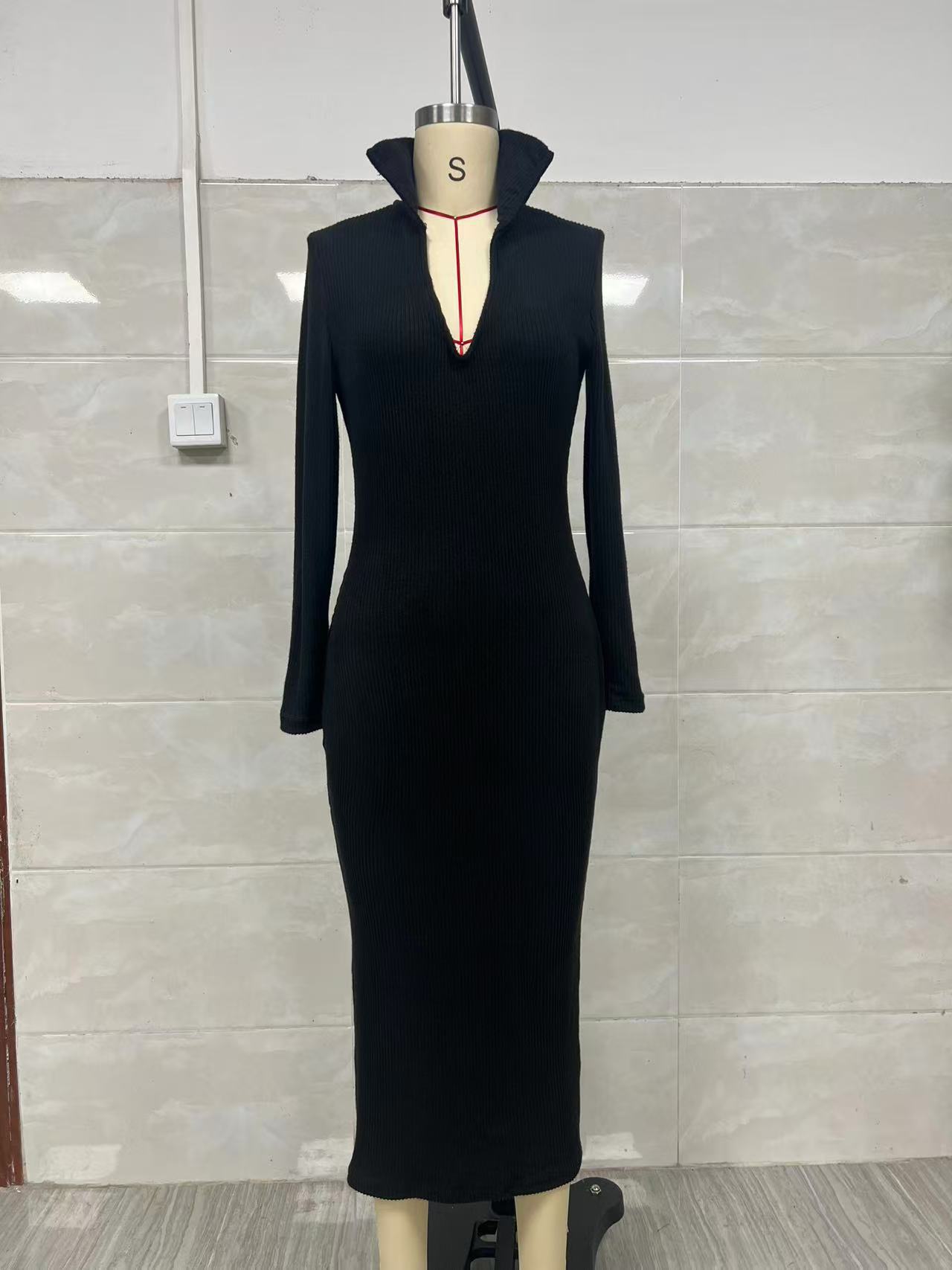 Women's Slim Fit Belted Midi Bodycon Dress High Neck Long Sleeve Knit