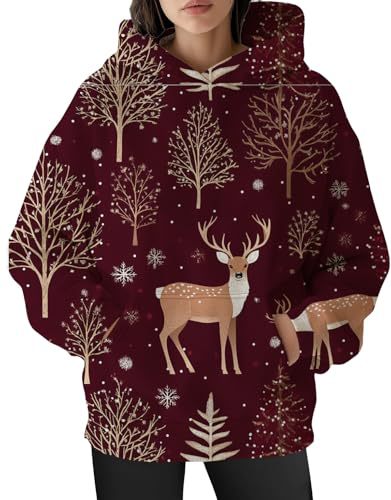 Women's Christmas Print Hoodie with Lantern Leaf Motif