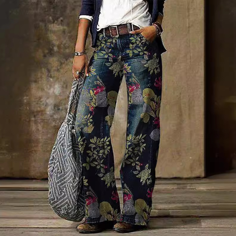 Cable-Knit Wide-Leg High-Waist Cotton Pants Vintage Blue