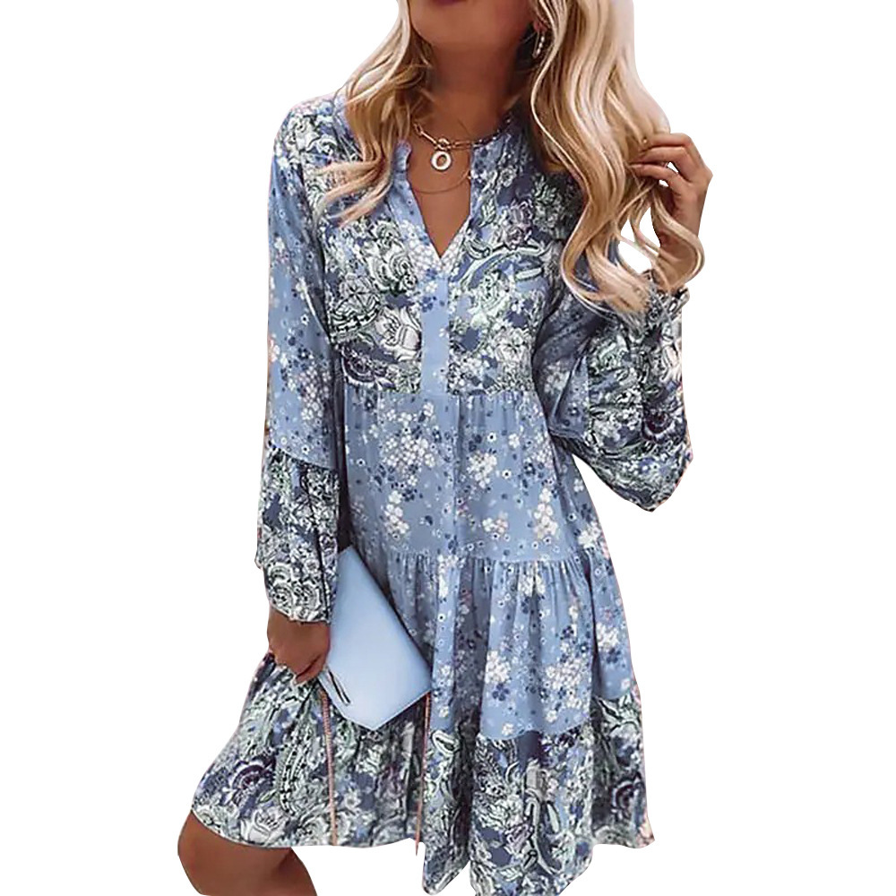 V-Neck Floral Print Layered Mini Dress with Long Sleeves