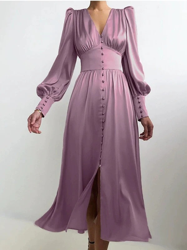 Satin Lantern-Sleeve High-Waist Slimming Long Dress