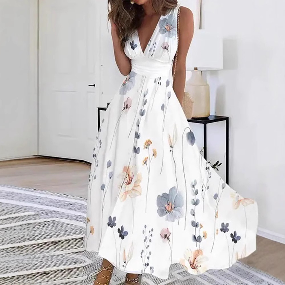 V-Neck High-Waist Sleeveless Floral Print Maxi Dress