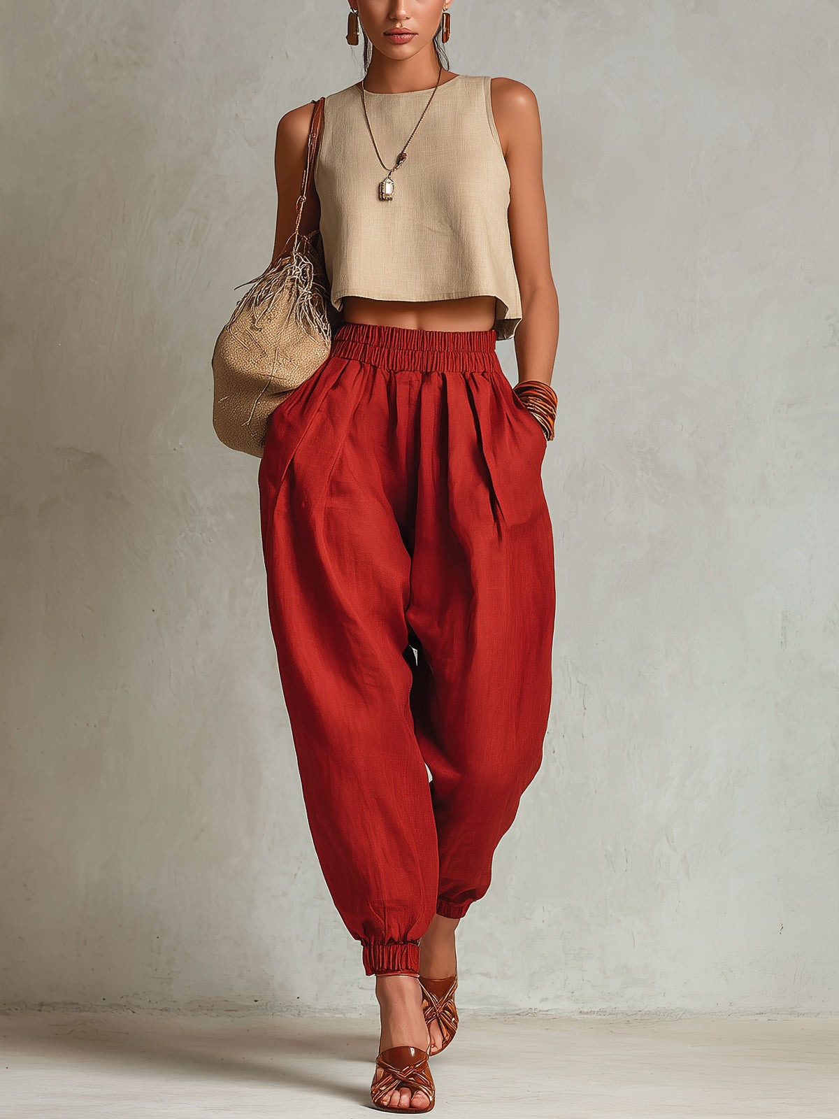 Women's Cotton-Linen Harem Pants Elastic Waist Loose Slimming Cuffed Lantern Casual Trousers