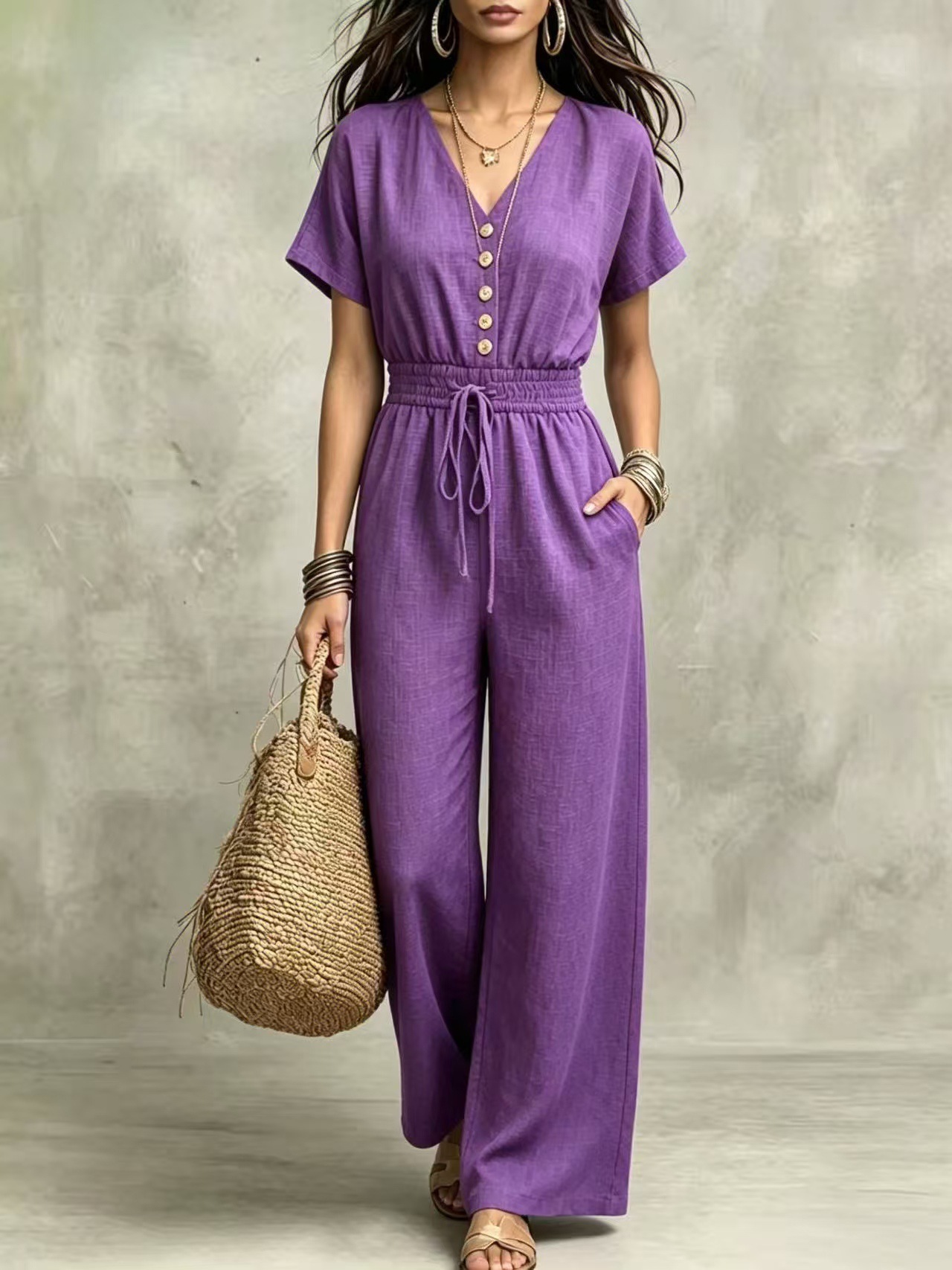 V-Neck Button-Front Short-Sleeve Drawstring High-Waist Wide-Leg Cotton-Feel Jumpsuit
