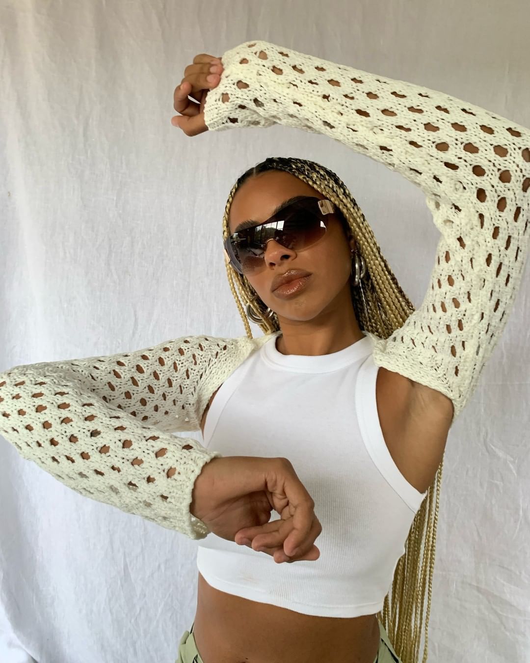 Women's Sheer Open-Knit Crop Top Long Sleeve