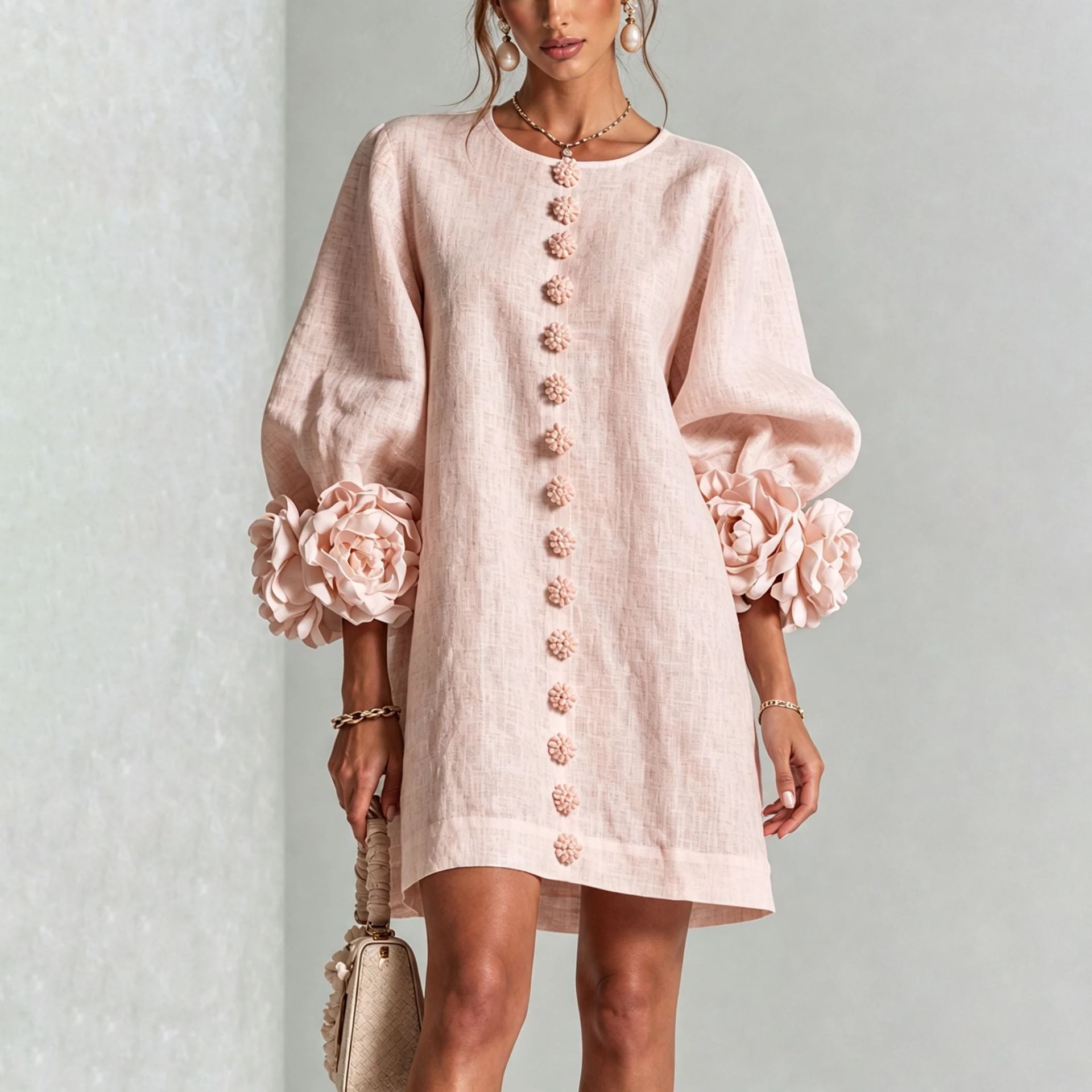 Women's French Style 3D Floral Lantern Sleeve Dress