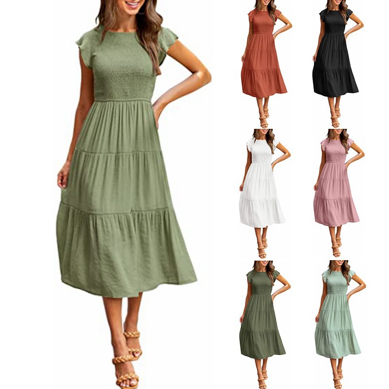 Women's Flutter Sleeve Ruched Tiered Short Sleeve Swing Dress