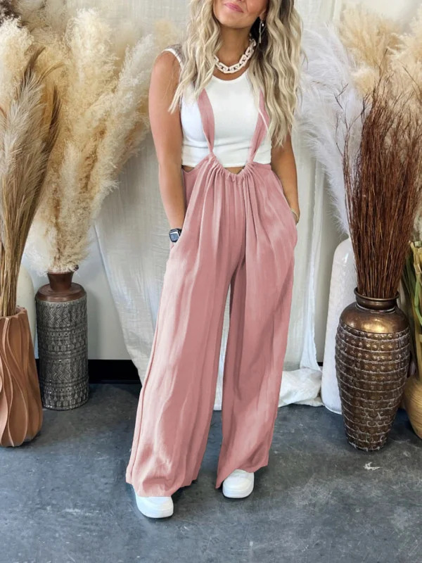 Women's Cotton-Linen Wide-Leg Jumpsuit with Straps
