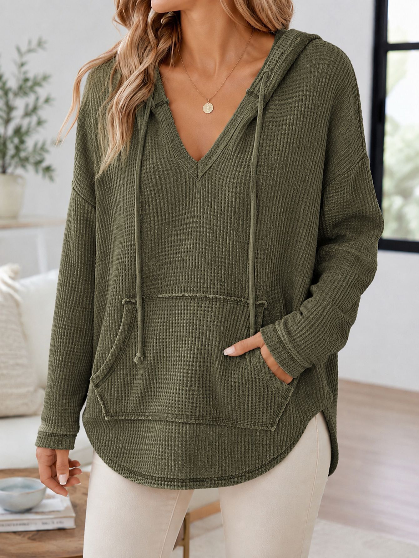 Women's Waffle Knit Hooded Sweatshirt Long Sleeve Casual Pullover