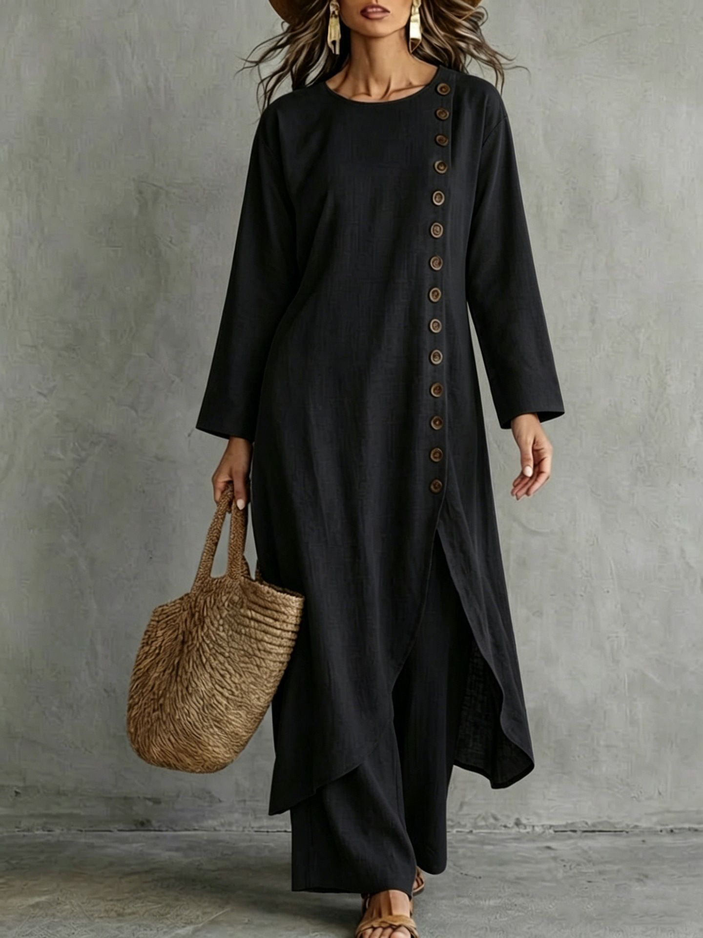 Solid Color Loose Button Round Neck Long Sleeve Dress