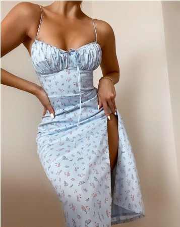 Women's Summer Floral Print Tie-Front Slit Dress