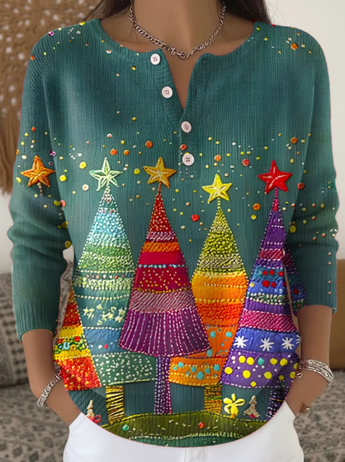 Women's Christmas Dinosaur Forest Print Button Sweatshirt