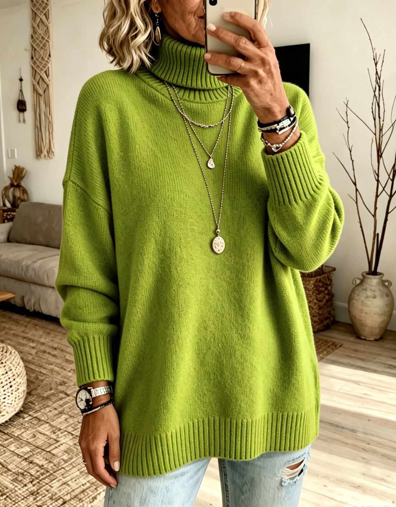 Women's Turtleneck Sweater Loose Knit Pullover Soft Thickened Base Layer