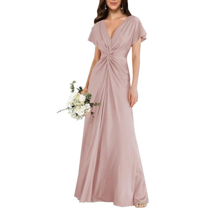 Satin Short Sleeve A-Line Dress V-Neck Midi Formal Party Bridesmaid