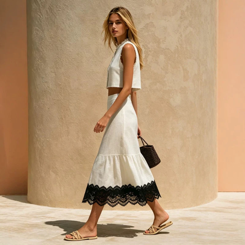 Color-Block Lace Sleeveless Top and Skirt Set