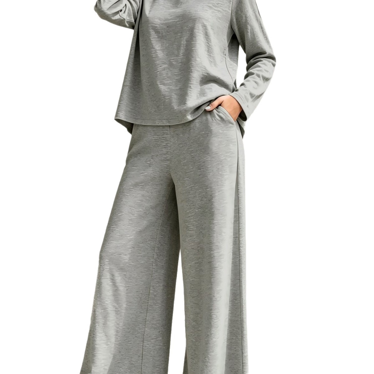 Women's Crewneck Long Sleeve High Waist Wide Leg Pants Casual Set