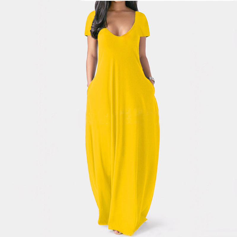 Plus Size Solid Deep V-Neck Short Sleeve Long Dress