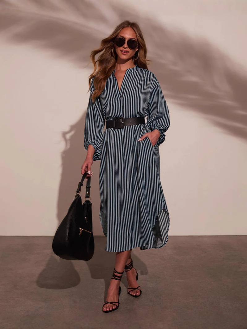 Striped Belted Long Sleeve V-Neck Midi Dress