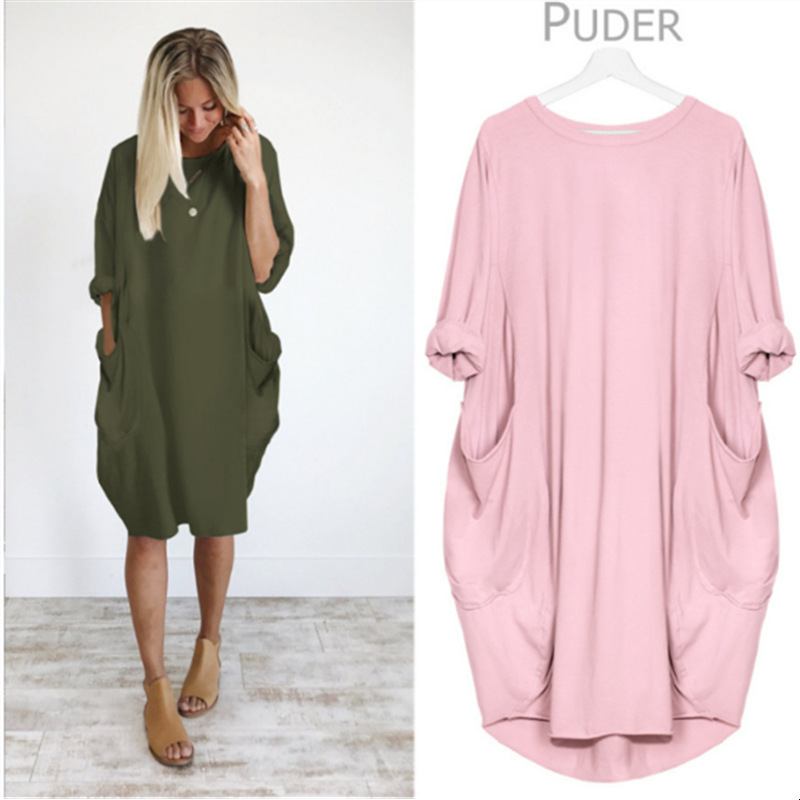 Women's Casual Loose Pocket Long Sleeve Plus Size Dress