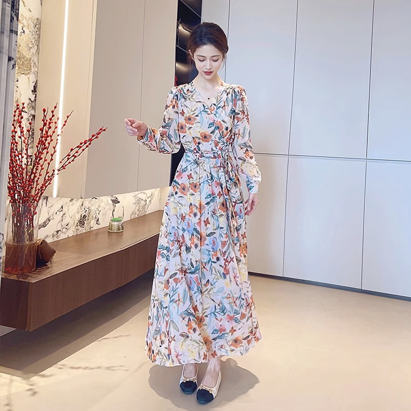 French Floral Long Sleeve Midi Dress V-Neck A-Line