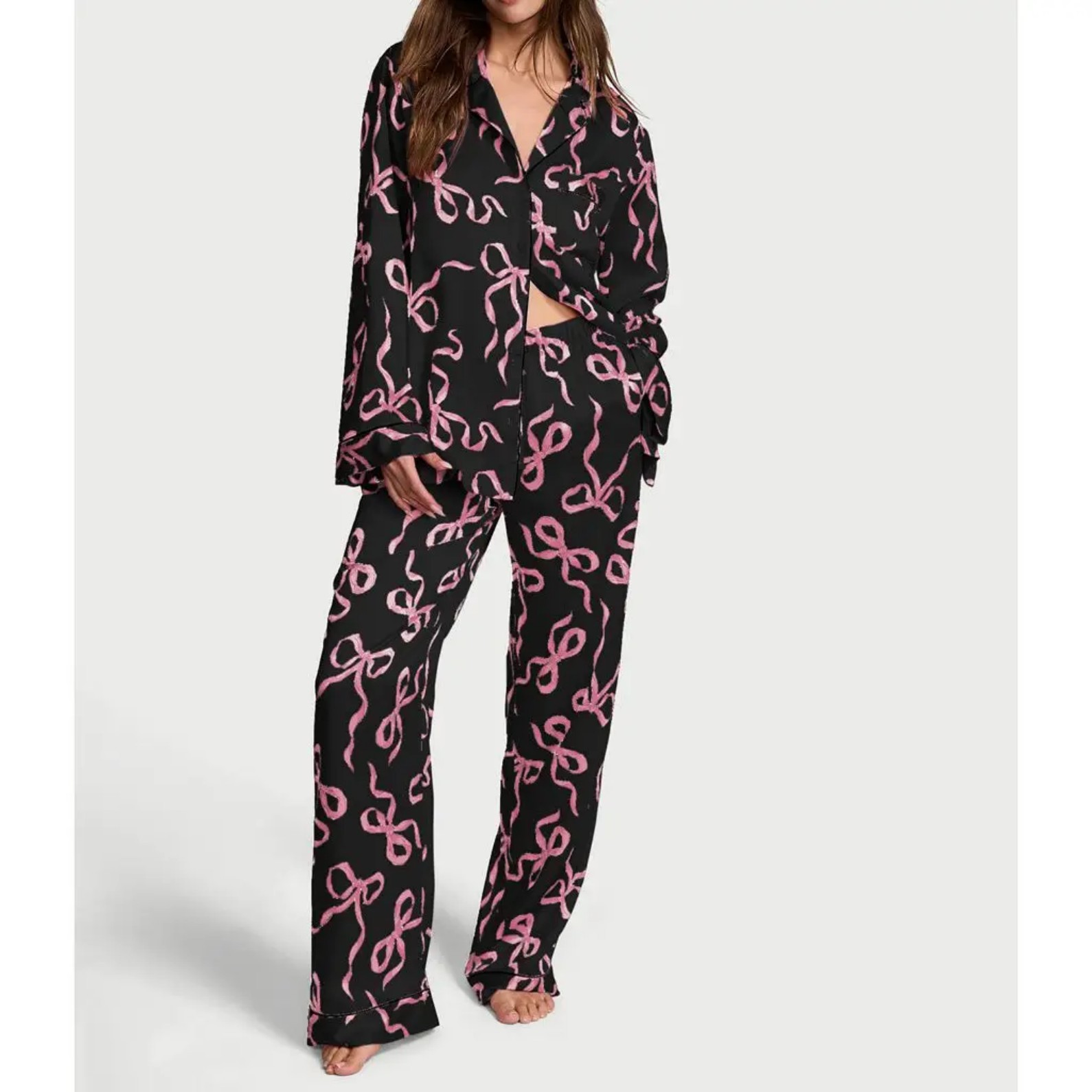 Women's Cuban Collar Bow Long Sleeve Top Set Casual Loungewear