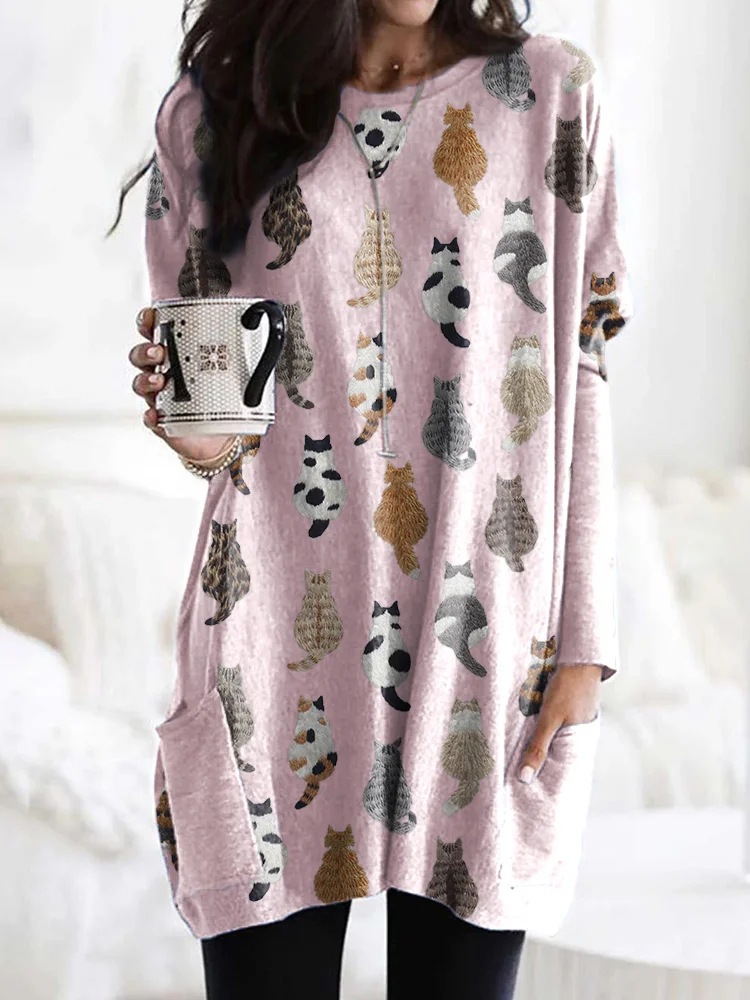 Women's Animal Print A-Line Midi Dress Long Sleeve Crew Neck Casual