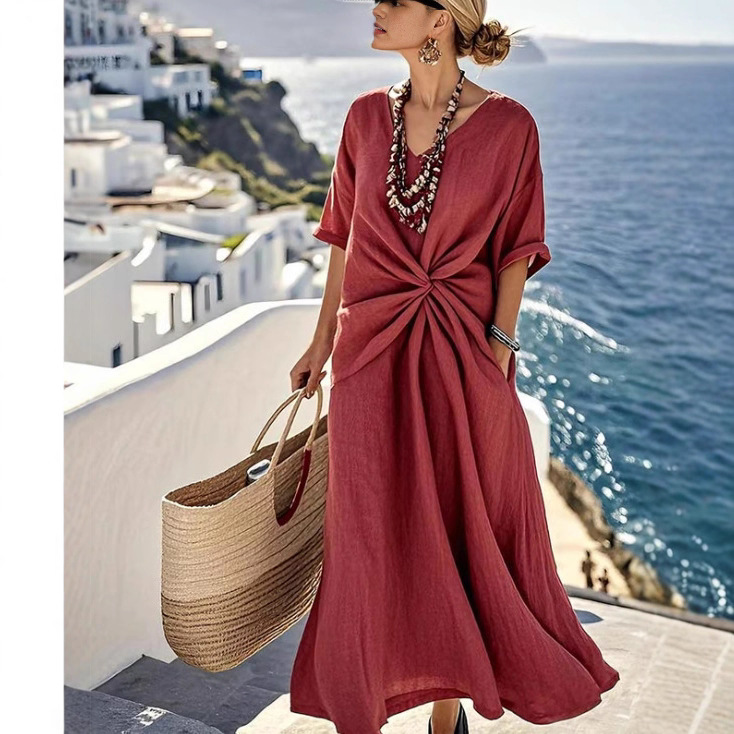 Bohemian Solid Color V-Neck Short Sleeve Long Dress