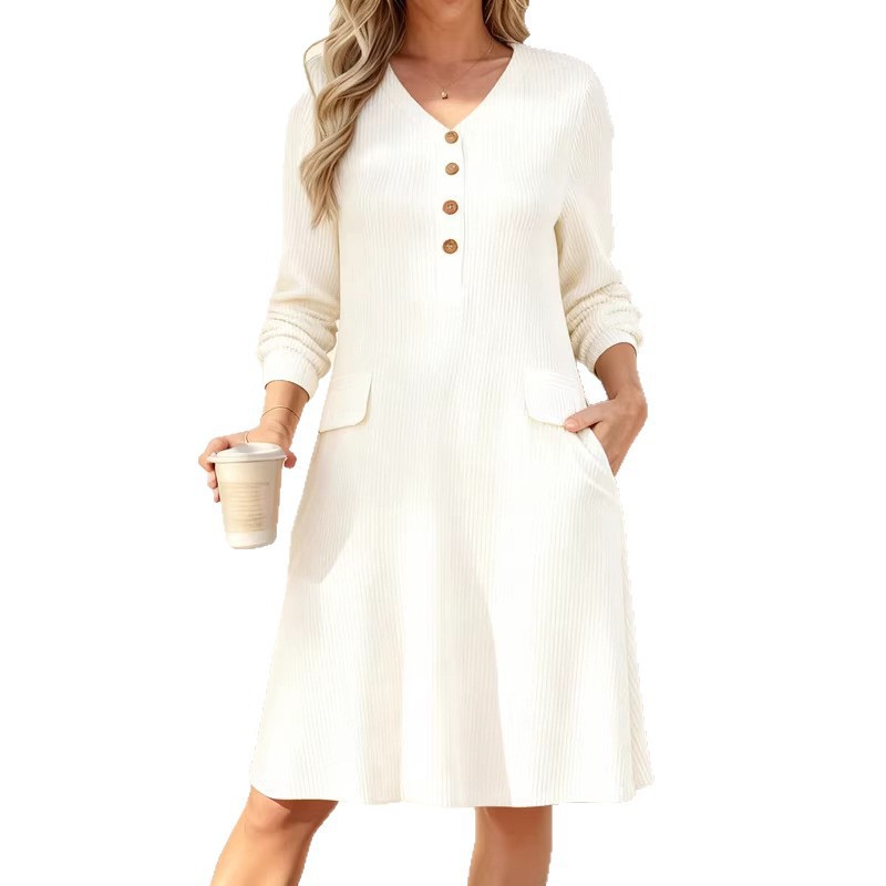 V-Neck Button-Front Ribbed Knit Midi Dress
