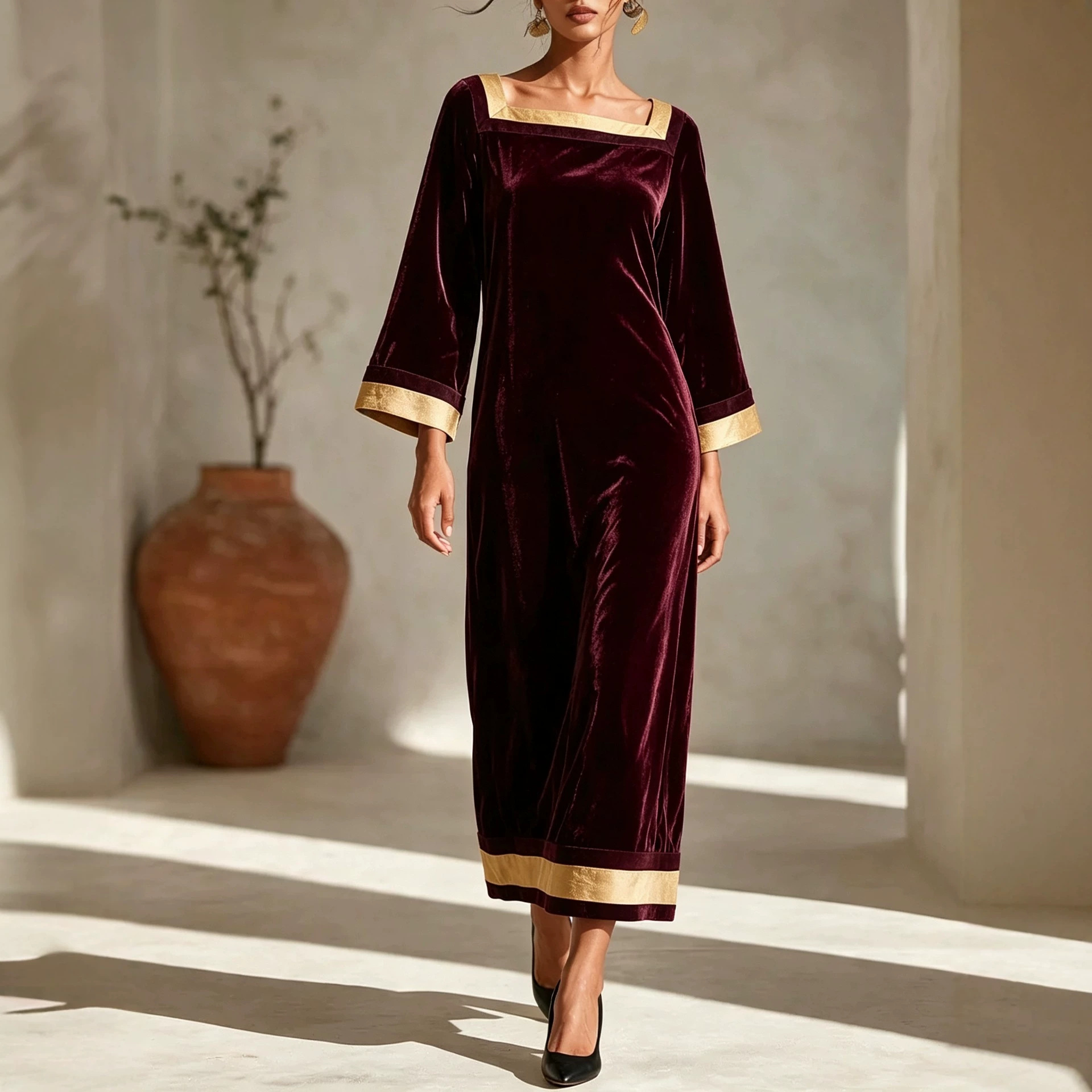 Women's Vintage Velvet Square Neck Midi Dress with Nine-Tenth Sleeves