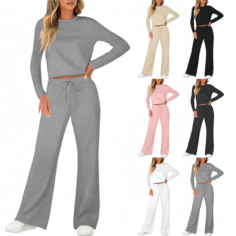 Women's Casual Two-Piece T-Shirt and Pants Set Solid Color Long Sleeve