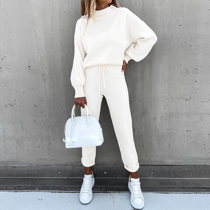 Women's Turtleneck Sweatsuit Set Solid Color Long Pants with Pockets