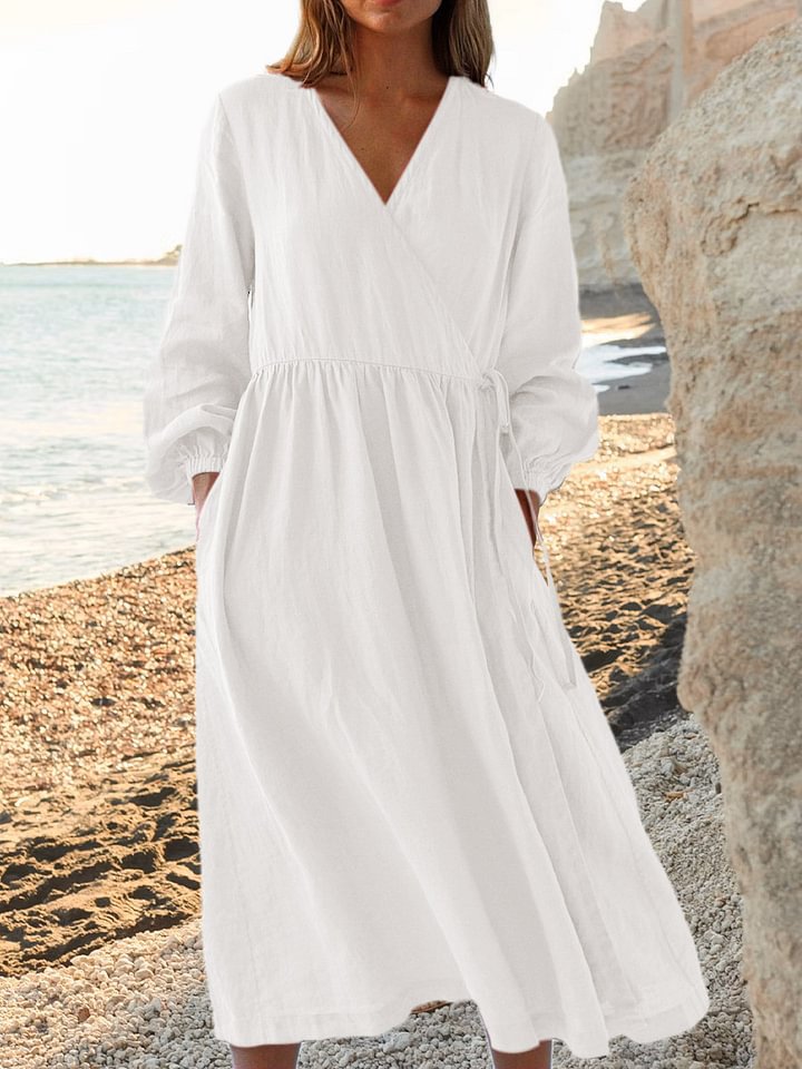 Solid Color Loose High Waist Cotton Linen Dress