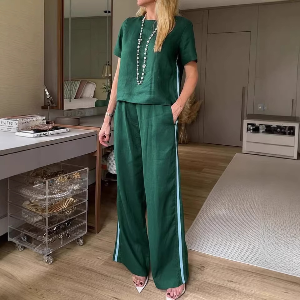Women's Cotton-Blend Two-Piece Set with Crew Neck Top and Pants