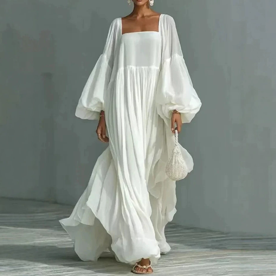 Women's Loose Flowy Square Neck Lantern Sleeve Maxi Dress