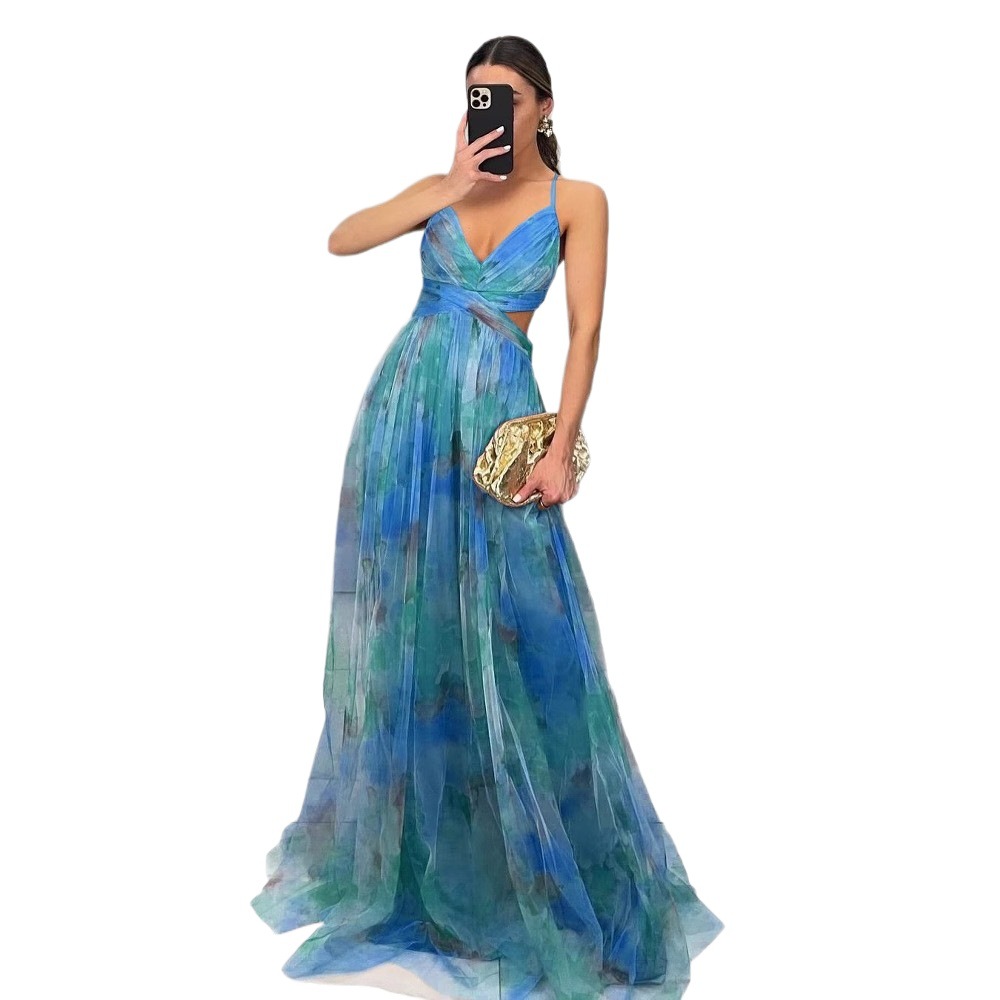 Women's Printed Mesh Cami Dress Sleeveless V-Neck Long Flowy Vacation Party Dress