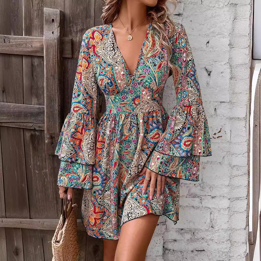 Elegant Floral Print V-Neck Bell Sleeve Midi Dress