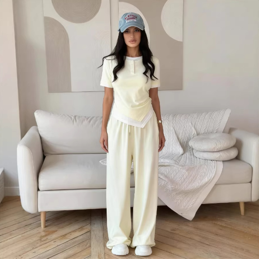 Women's Solid Color Long Sleeve Faux Two-Piece T-Shirt and Pants Set