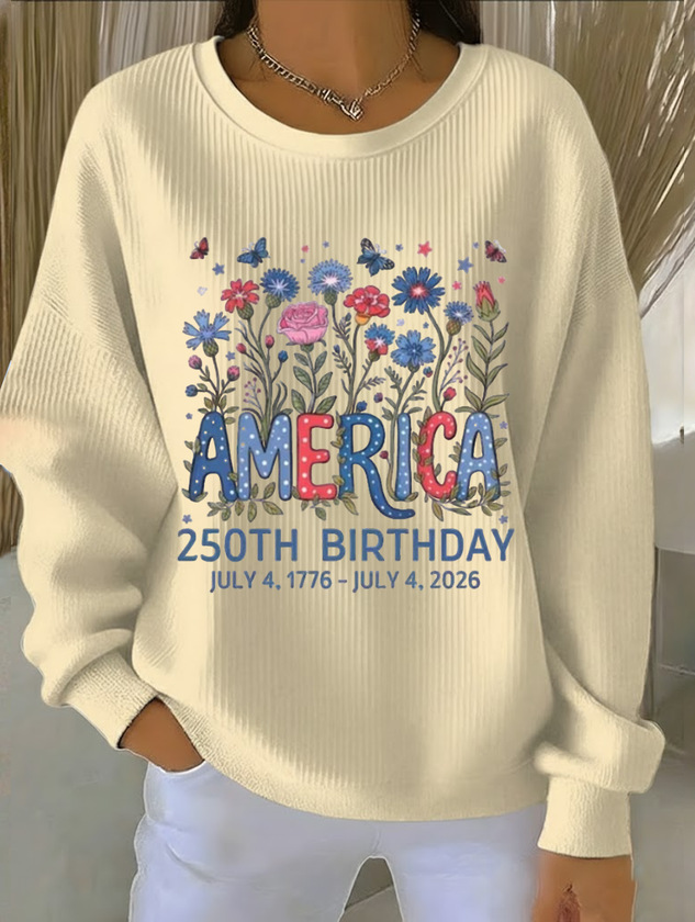 Women's Crewneck Sweatshirt with American Letter Star Flower Print