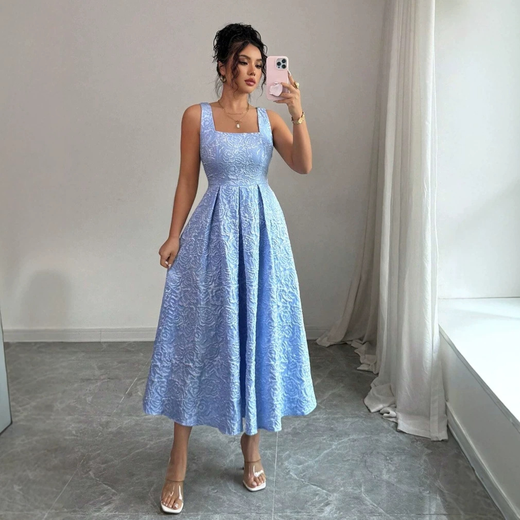 Elegant Jacquard Square-Neck Long Dress